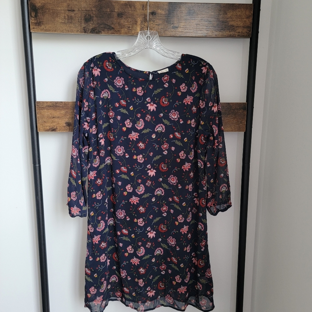 HOLLISTER Long Sleeves Navy Red Floral Print Dress